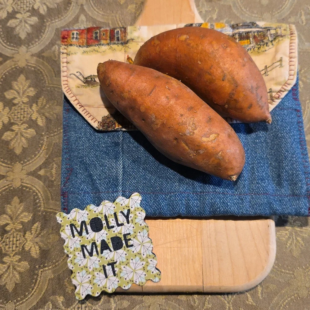 HAND CRAFTED Potato Pouch Microwave UPCYCLE Blue Denim Cotton Farmhouse 8.5 Inch